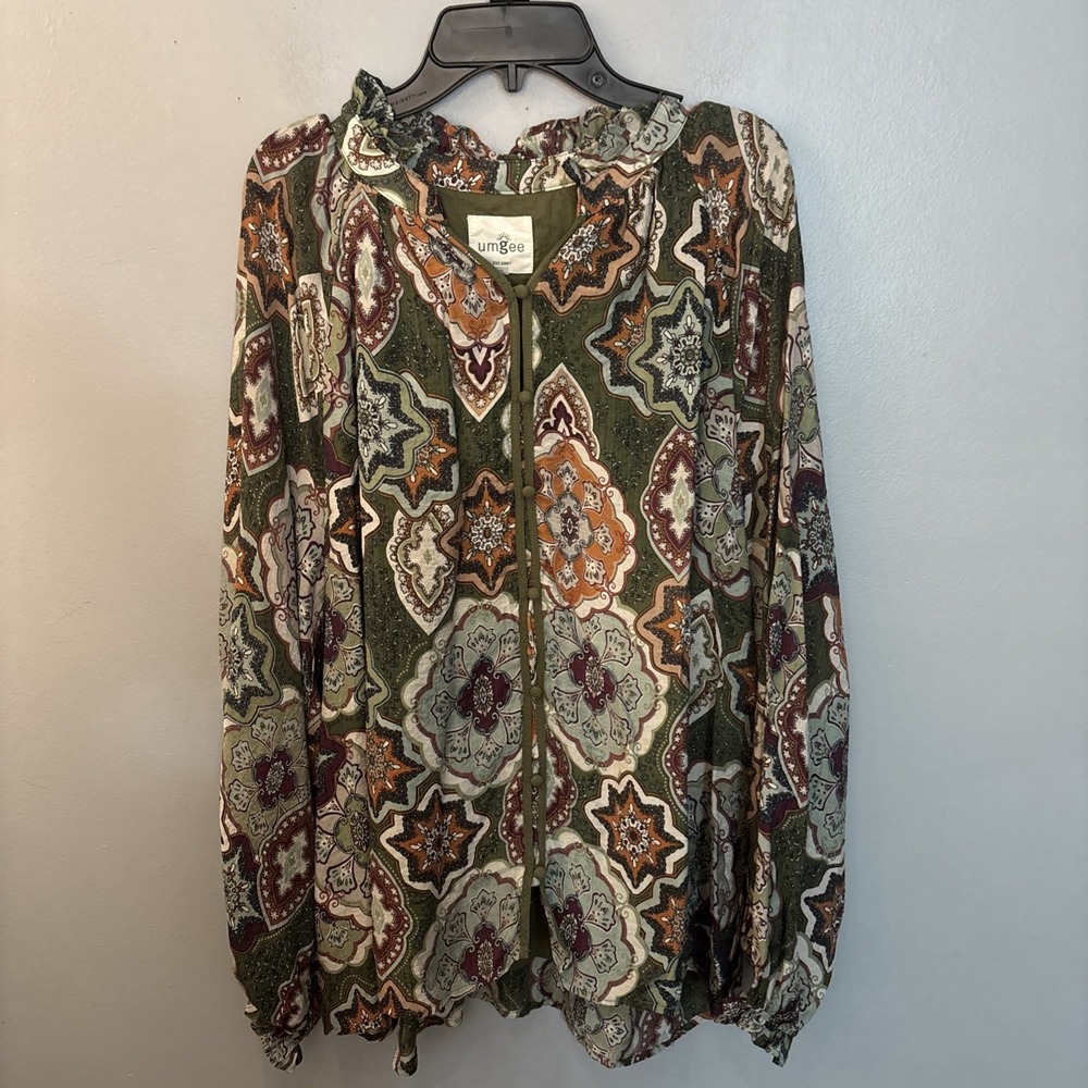 Umgee Boho Mosaic print long balloon-sleeve Tunic Blouse Olive Green Women's L